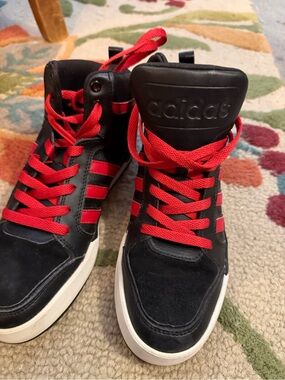 adidas Black and Red High-Top Sneakers with White Soles